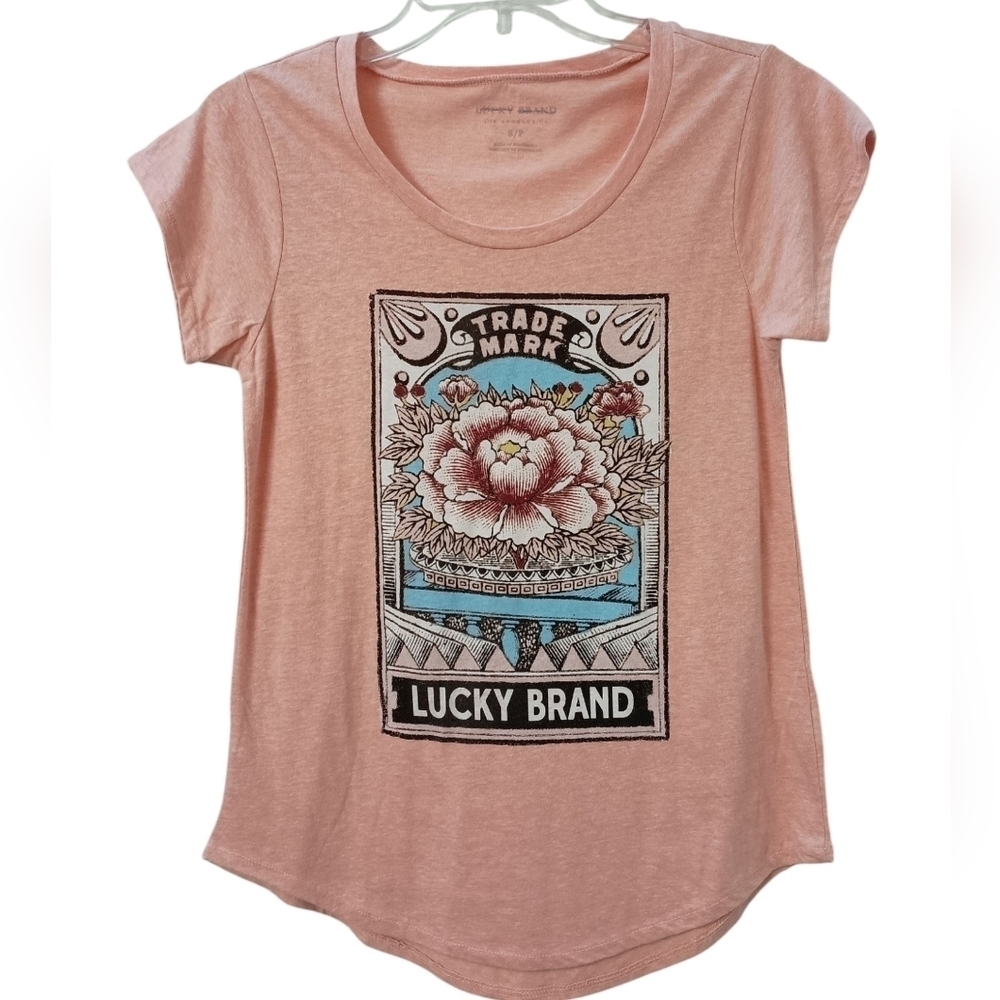 Lucky Brand T-Shirt Size Small Floral Cabbage Rose Trademark Peach Graphic Print - Picture 4 of 7
